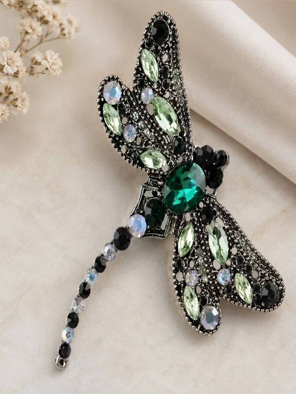 Dragonfly green crystal rhinestone brooch
